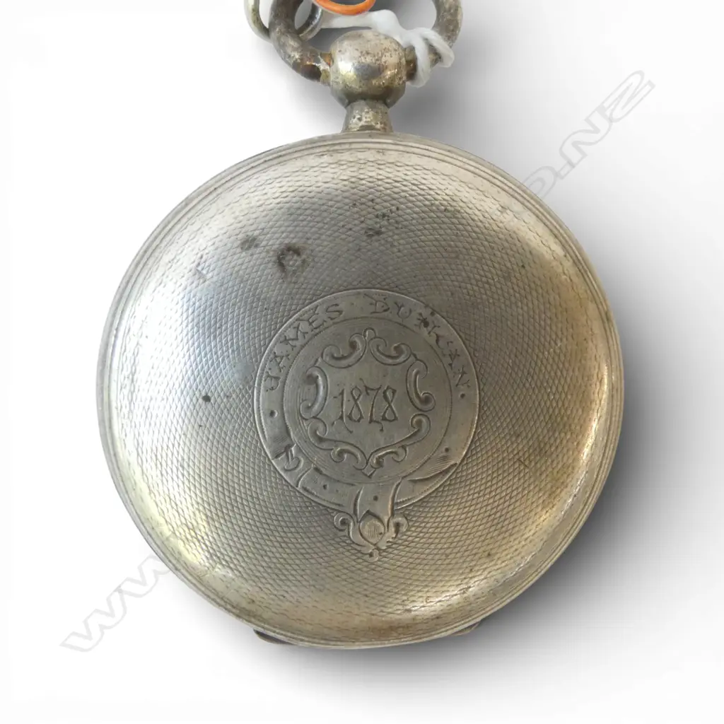 c1900 SILVER POCKET WATCH & SILVER curb link CHAIN + 2 FOBS: 2 SILVER + plated colt pistol Image 1++