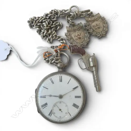 c1900 SILVER POCKET WATCH & SILVER curb link CHAIN + 2 FOBS: 2 SILVER + plated colt pistol