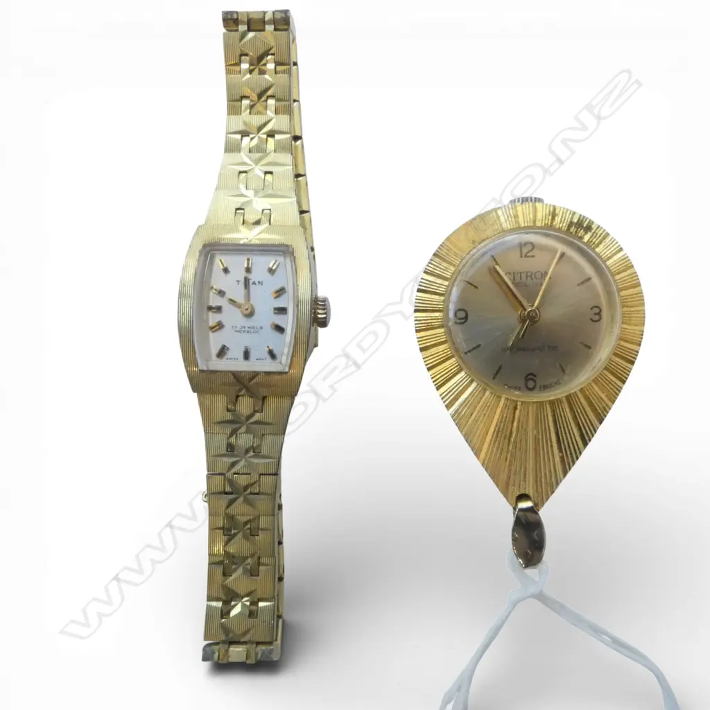 2 VINTAGE WATCHES: Ladies Titan + Citron pendant watch. Both gilded. Apparently running Image 1++