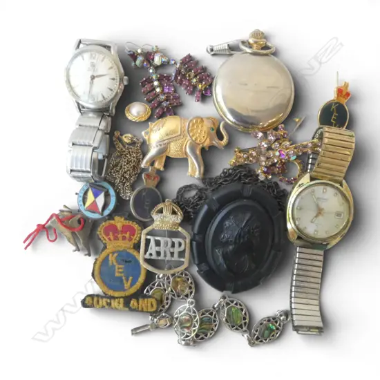 BOX COSTUME JEWELLERY + 2 vintage WATCHES: Buren (running) + other worn