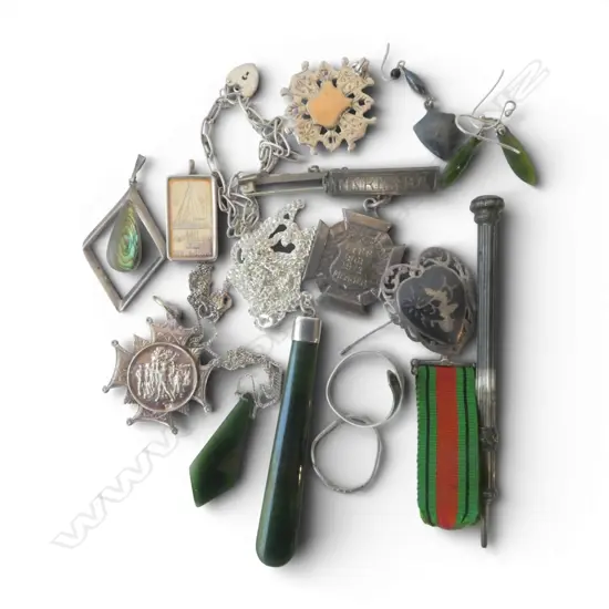 BOX MAINLY SILVER JEWELLERY: fobs + 5gm ingot pendant + NZ POUNAMU + THAI + propelling pencil + mini The Defence medal..