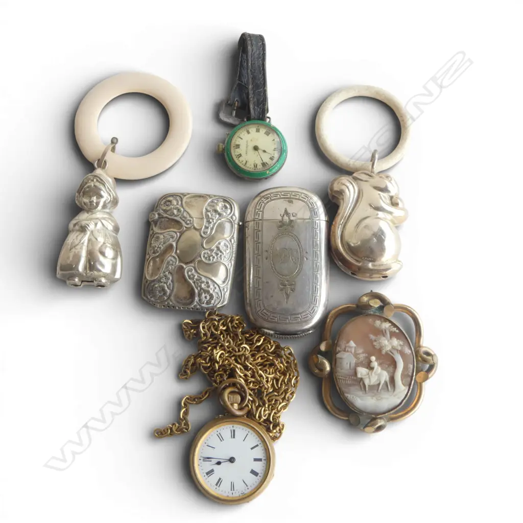 COLLECTION COLLECTABLES: 2 VESTAS + 2 BABIES TEETHING RING RATTLES + CAMEO + 2 WATCHES + chain - some faults Image 1++