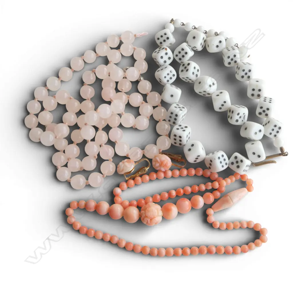 3 STRANDS OF BEADS: PINK CORAL w earrings + ROSE QUARTZ (AF) + strand of dice Image 1++