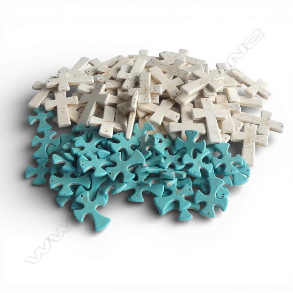 QUANTITY DYED HOWLITE CROSS PENDANTS/KEYRINGS, TURQUOISE & CREAM, new old stock Image 1++