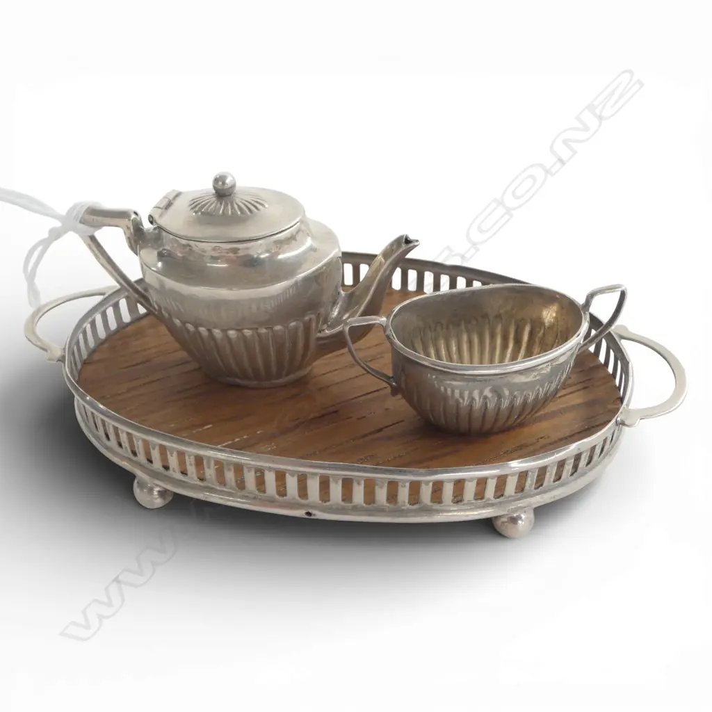MINIATURE SILVER TEAPOT & SUGAR BOWL on SILVER BORDERED & WOOD TRAY Birmingham 1905  Image 1++