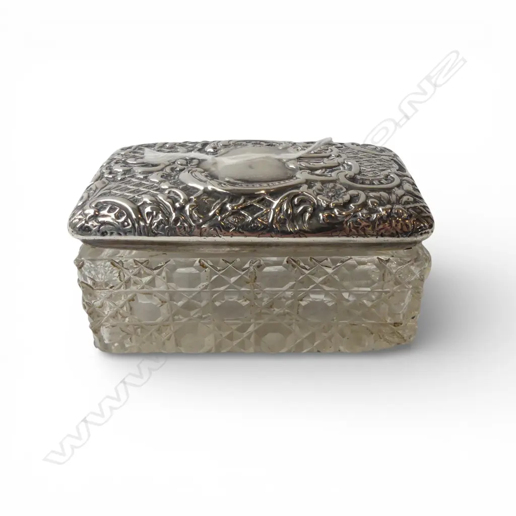 CRYSTAL CONTAINER w. STG SILVER LID AF; B'HAM 1900 36gms Image 1++