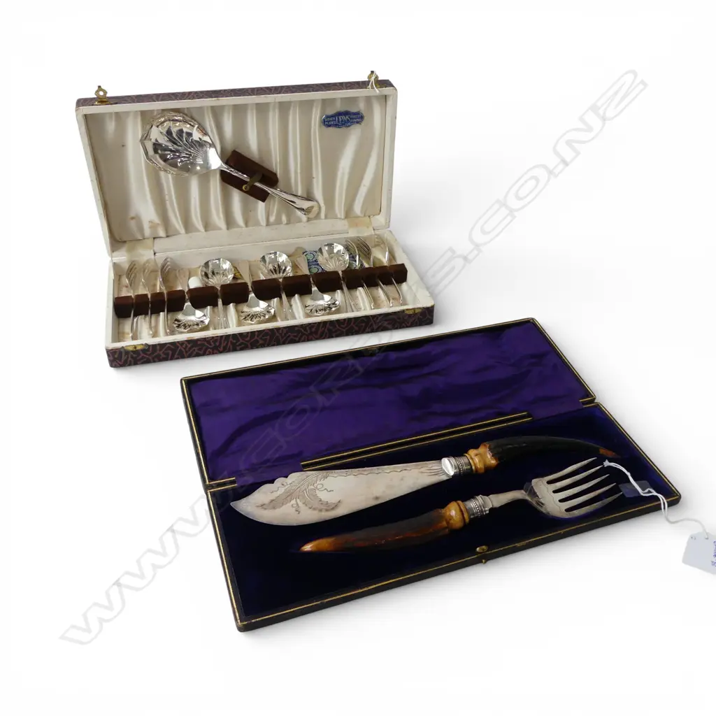 SHEFFIELD SILVER PLATE SET + BOXED SILVER PLATE & HORN FISH SERVERS Image 1++