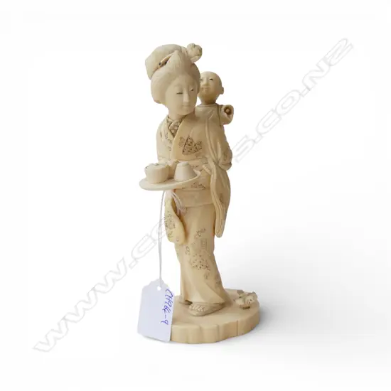 CARVED IVORY JAPANESE FIGURE GROUP childs hand missing, base signed H.180mm