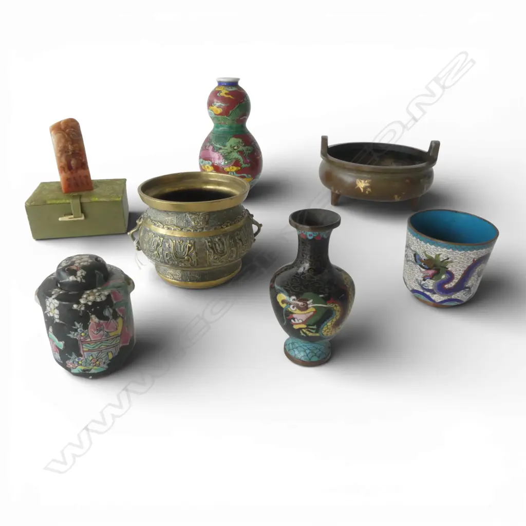 7 ORIENTAL PCES; 2 INCENSE BURNERS, 2 PCES CLOISONNE, VASE, CONTAINER, CARVED STONE (BOXED) Image 1++