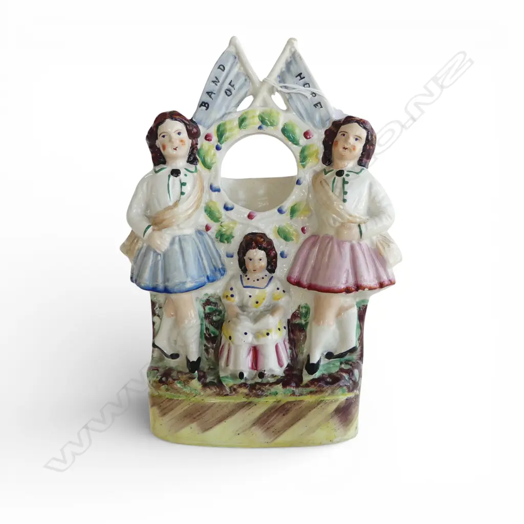 VICTORIAN (C.1850'S) STAFFORDSHIRE FLATBACK NIGHT-STAND FOR POCKET WATCH. The older girls w 'Band Of Hope' flags H.260mm Image 1++