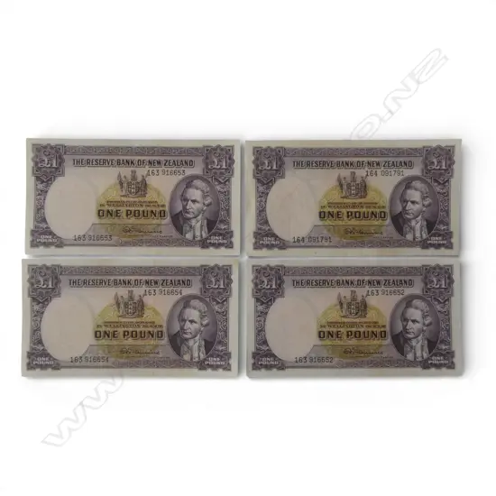4 x 1 pound FLEMMING NZ BANKNOTES:3  consecutively numbered 163916652 to ...54 + 164091791 