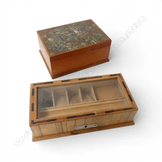 2 VINTAGE INLAID BOXES: NZ REWAREWA & PAUA + STAMP & PEN BOX