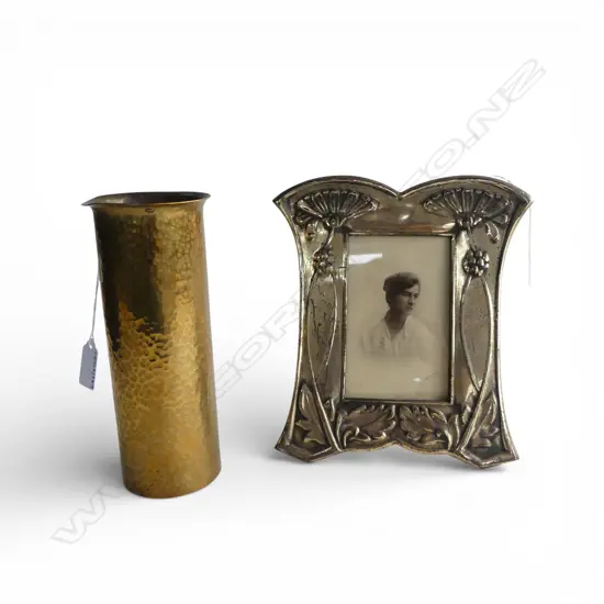 VINTAGE BRASS FREE STANDING PHOTO FRAME H230MM & HAND BEATENBRASS VASE H220MM