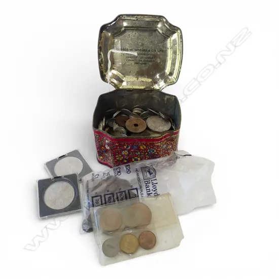 GEORGE W. HORNER AND CO SWEET TIN CONTAINING ASSORTED WORLD COIN COLLECTION
