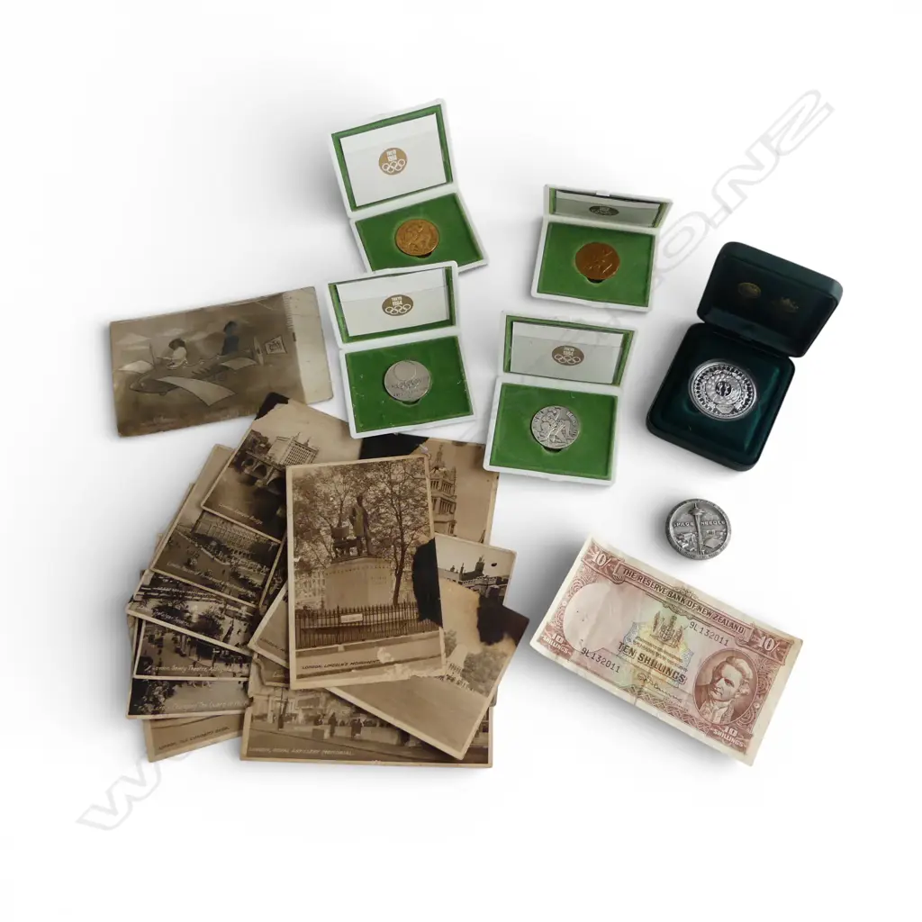 4 x TOKYO 1964 OLYMPIC COINS (2 X SILVER) + NZ 10 shilling note (Flemming) + 2000 Aussie $5 proof coin + old postcards Image 1++