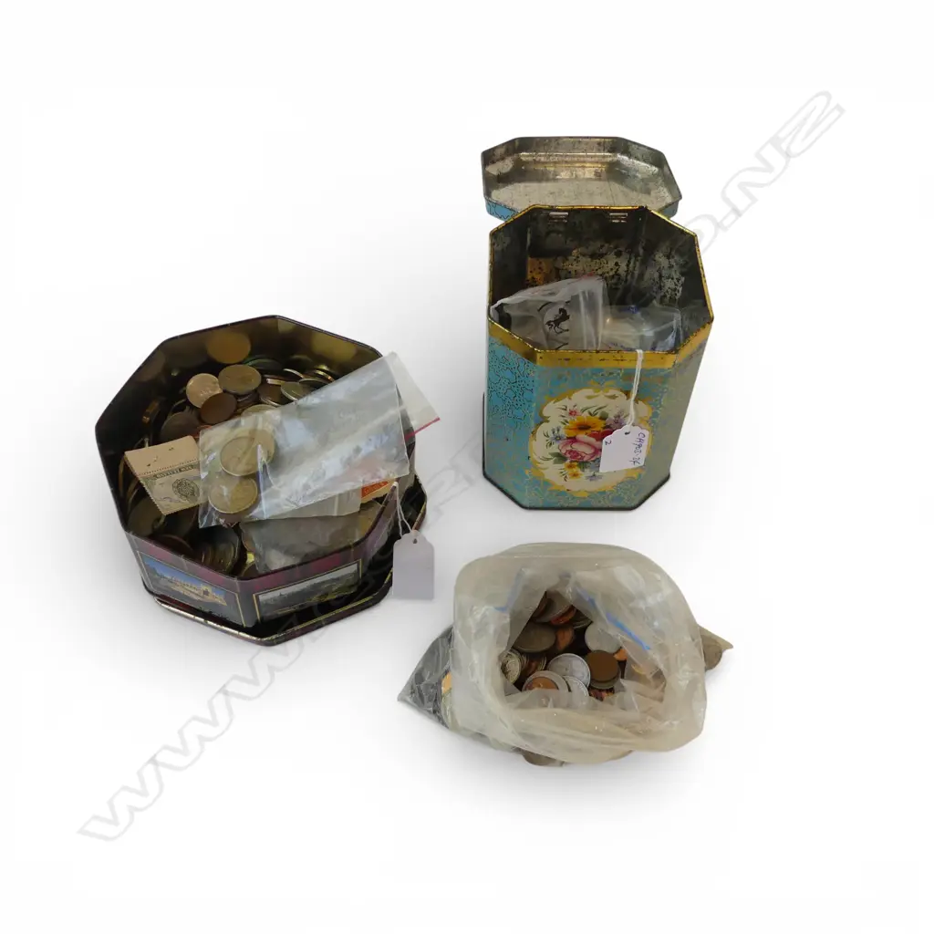 2 TINS OF VINTAGE COINS mainly decimal NZ Australia etc Image 1++