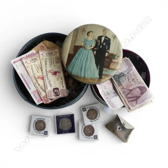 2 TINS VINTAGE MAINLY NZ DECIMAL COINAGE 1c + 2c etc. QEII + Phillip biscuit tin