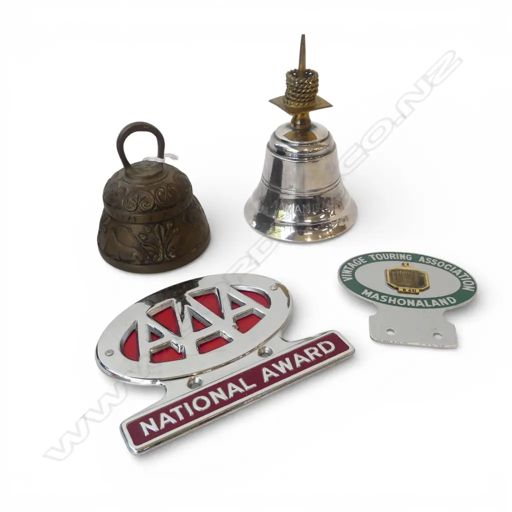 2 BELLS + 2 CAR BADGES: AAA NATIONAL AWARD & VINTAGE TOURING ASSOC. MASHONALAND Image 1++