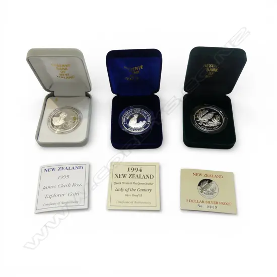 3 X NZ PROOF $5 COINS: 1995 EXPLORER + TUI + '94 QUEEN MOTHER