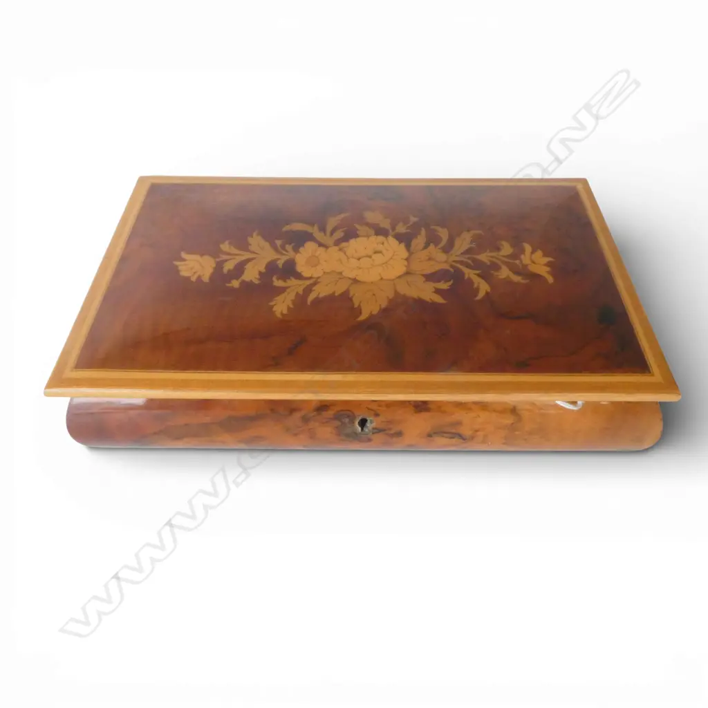 ITALIAN INLAID WALNUT MUSICAL JEWELLERY BOX W.265mm Image 1++