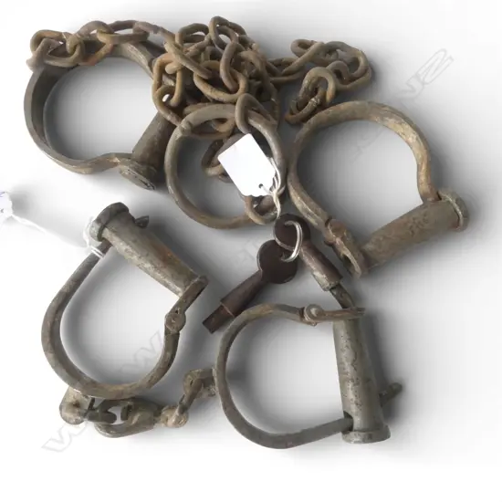 OLD SET HAND CUFFS & LEG IRONS WITH WORKING KEYS