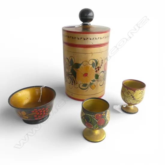 4PCS RUSSIAN HANDCRAFT PAINTED PCS LIDDED JAR H270 BOWL DIA110 & 2 GOBLETS