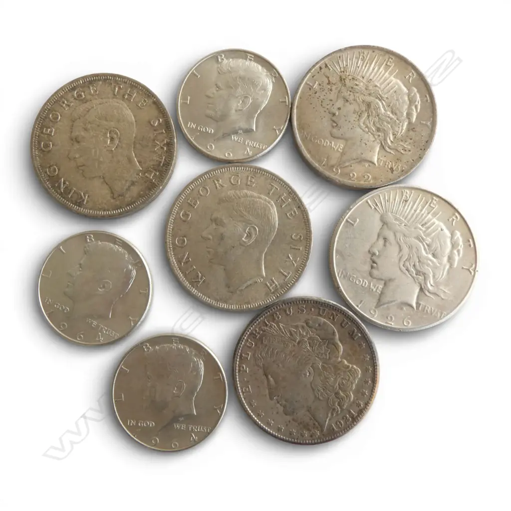 USA SILVER COINAGE: 3 X $1 1921, 1922 + 1926 + 3 X 1/2 $1 1964. 118gms total+ 2 X NZ 1949 CROWNS ( .50% SILVER) 56.66gm  Image 1++