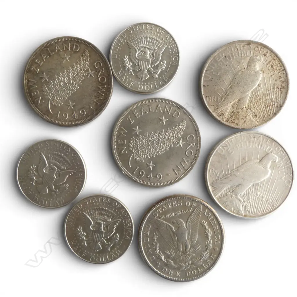 USA SILVER COINAGE: 3 X $1 1921, 1922 + 1926 + 3 X 1/2 $1 1964. 118gms total+ 2 X NZ 1949 CROWNS ( .50% SILVER) 56.66gm  Image 1++
