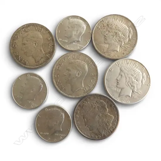 USA SILVER COINAGE: 3 X $1 1921, 1922 + 1926 + 3 X 1/2 $1 1964. 118gms total+ 2 X NZ 1949 CROWNS ( .50% SILVER) 56.66gm 