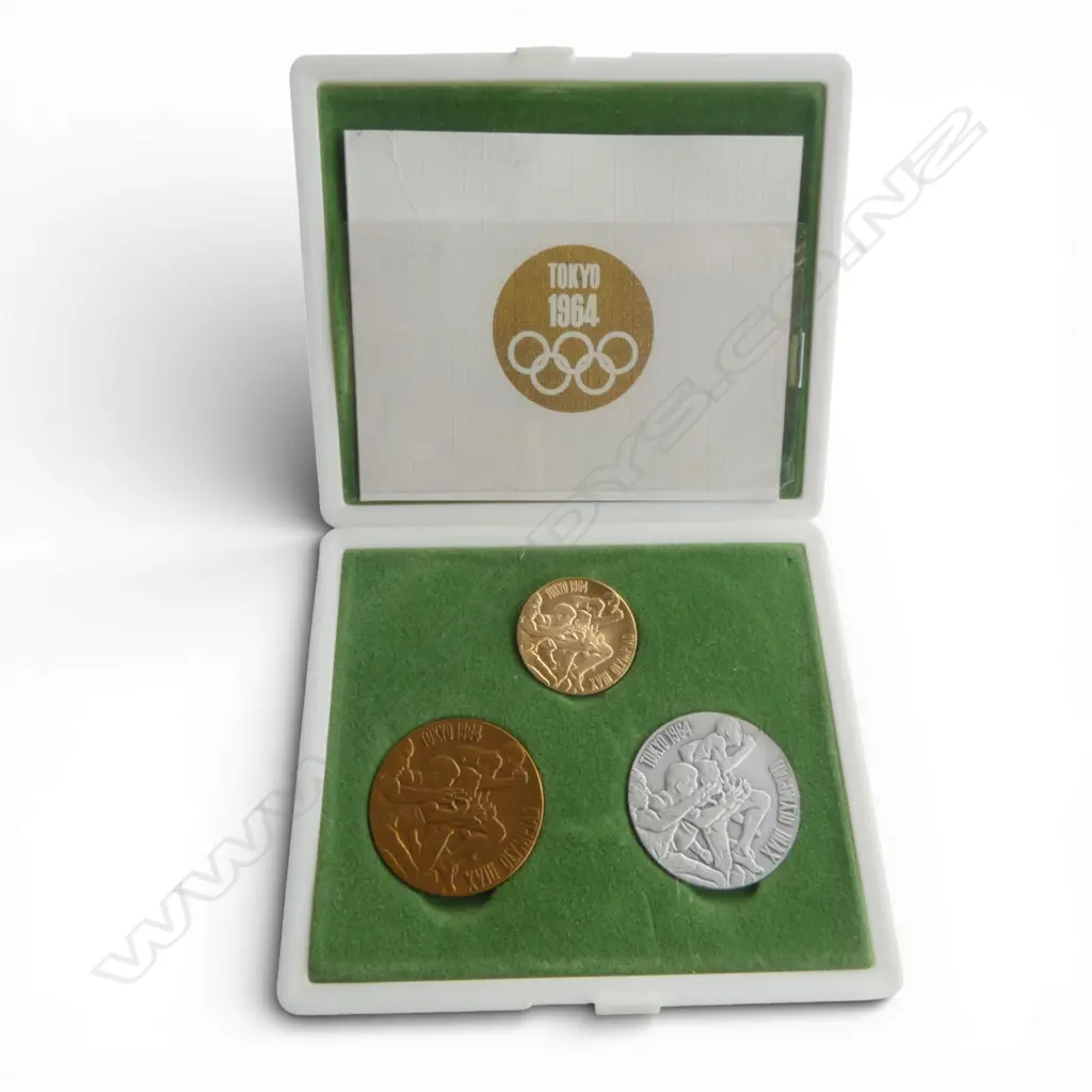 1964 TOKYO 3 COIN SET: 1 X 18ct gold 7.26gms 1 x silver + 1 x bronze Image 1++
