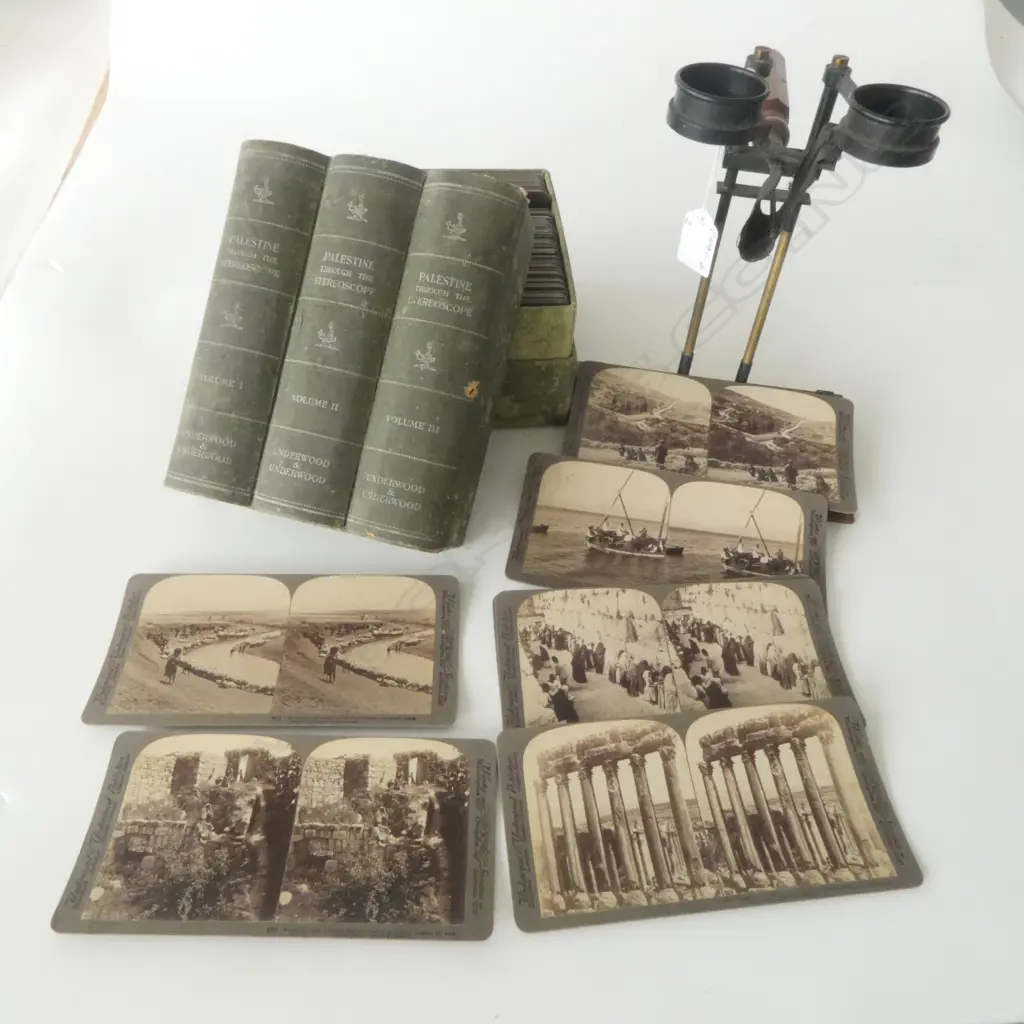 EARLY 20thC KERSHAW & SONS STEROSCOPE + 3 'BOOK' BOX OF CARDS 'PALESTINE through the stereoscope' Image 1++