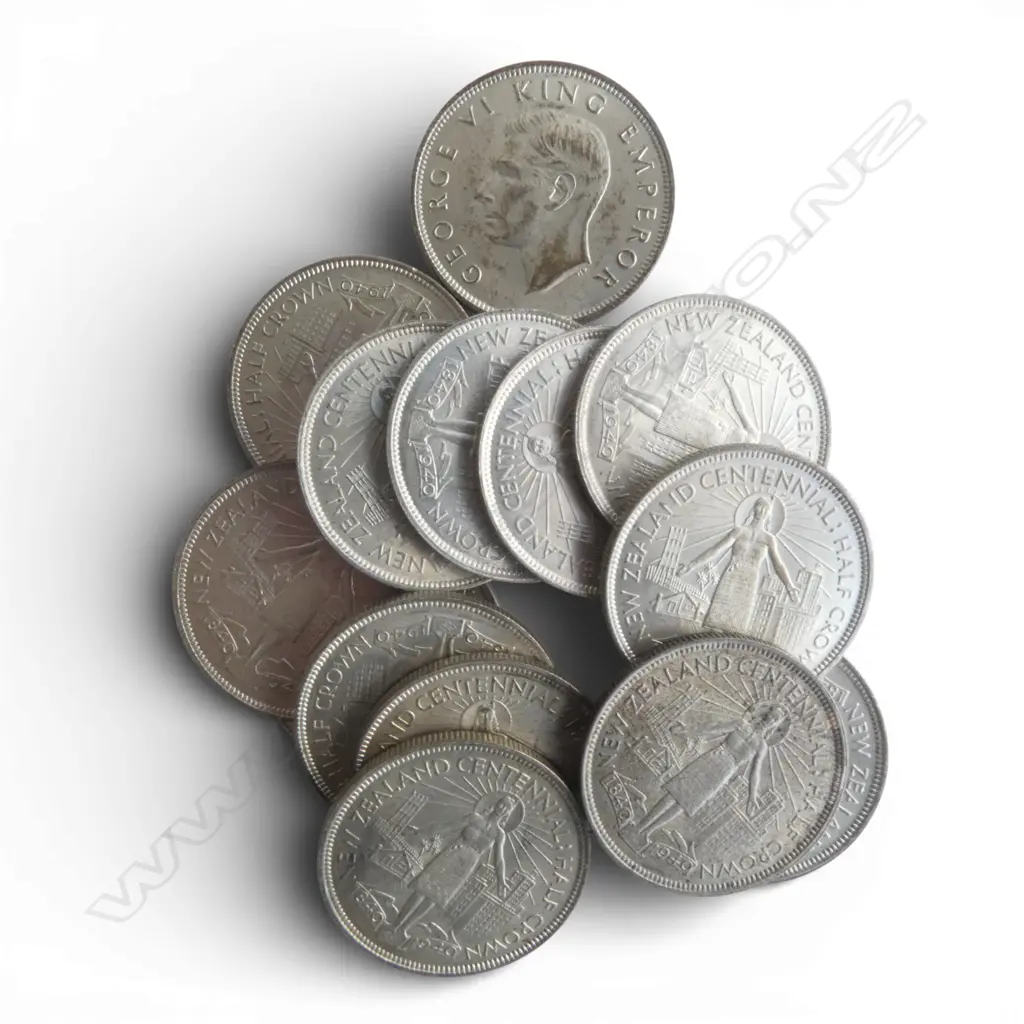 14 NZ SILVER 1940 CENTENIAL HALF CROWNS very good condition 198gms Image 1++