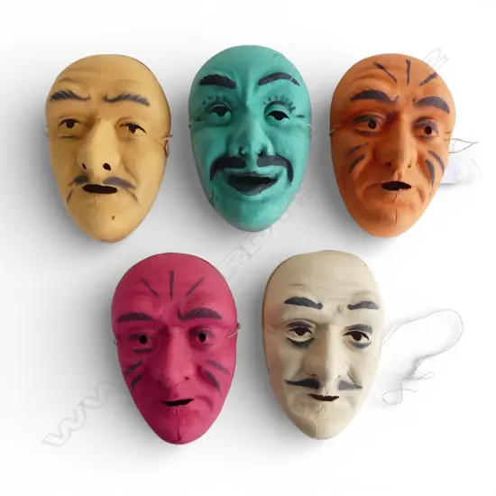 5 VINTAGE CARD FACE MASKS. various colours w black highlights