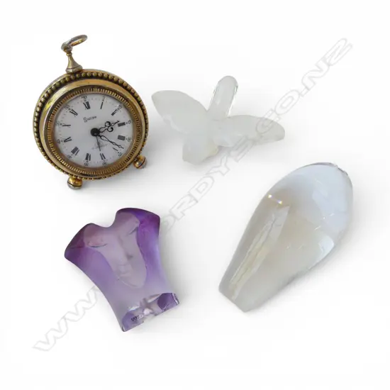 3 GLASS PAPERWEIGHTS: opalescent bird chipped wing + seal + face + Swiza gilt desk clock