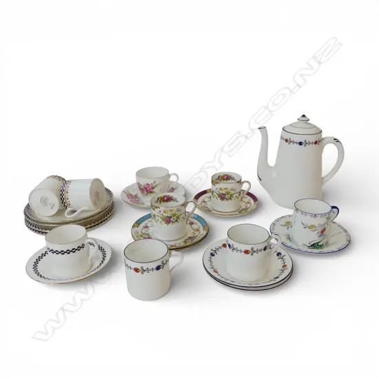 10 SHELLEY CHINA MISS MATCHED COFFEE CANS & 1 COFFEE POT