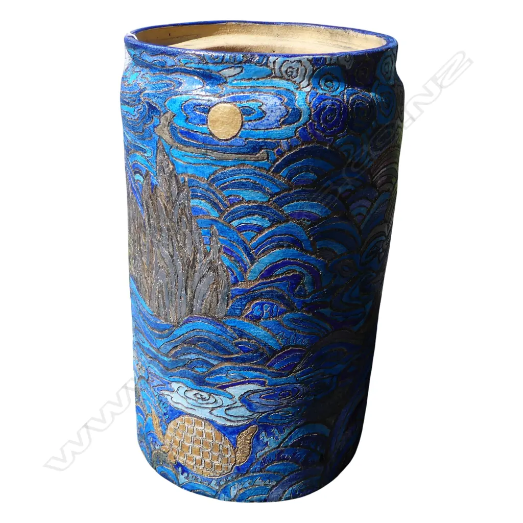 TALL COLOURFUL POTTERY FLOOR VASE DECORATED WITH LANDSCAPES AND ANIMALS 550 x 300mm Image 1++