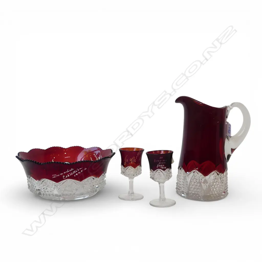 4 OLD NZ EXHIBITION GLASS ITEMS: ruby flashed tall jug H.215mm + lge bowl Dunedin + 2 goblets Image 1++