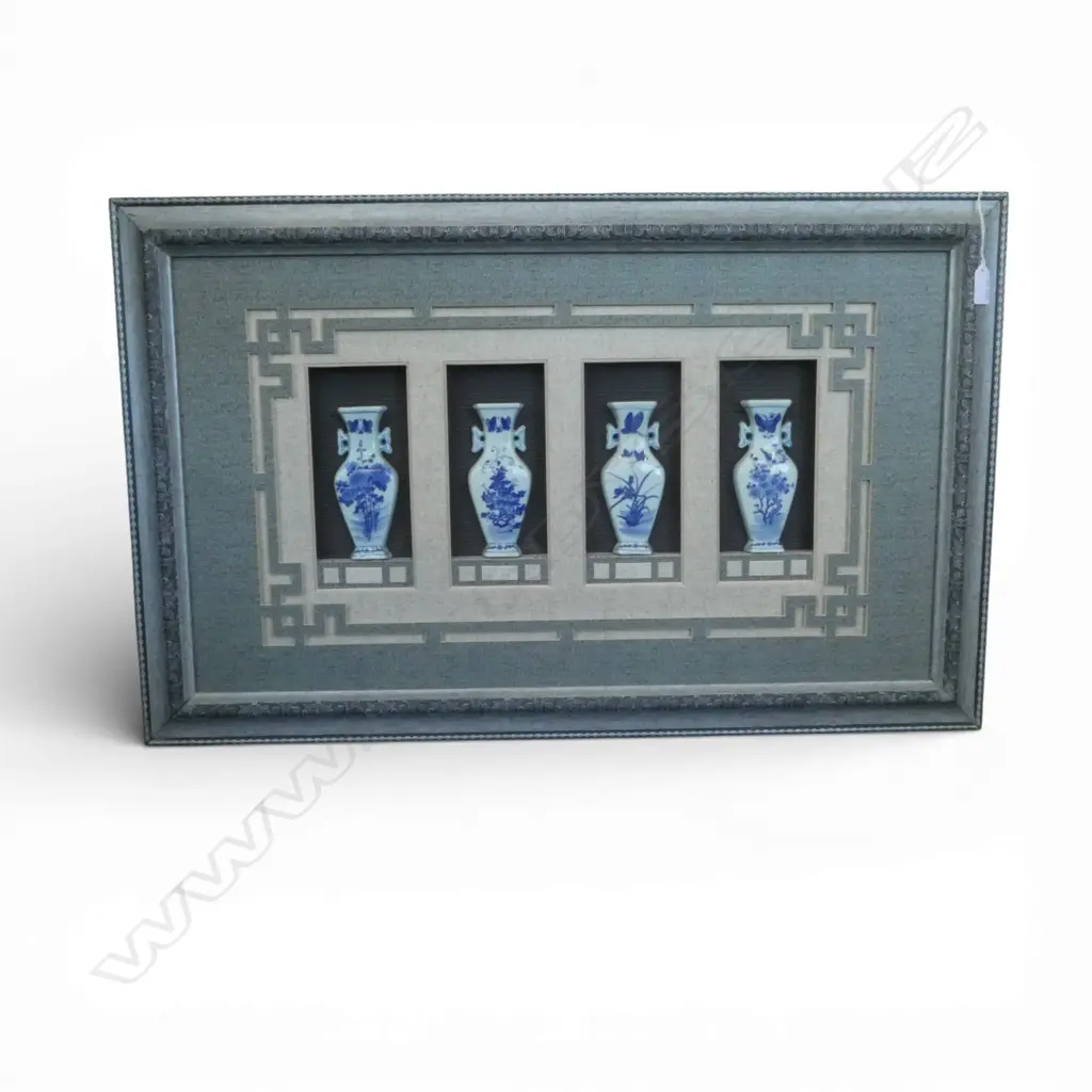 4 FRAMED BLUE AND WHITE PORCELAIN VASES 410x720mm Image 1++