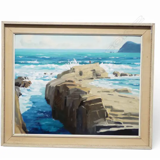COLYN NICHOLLS OIL PAINTING 'ROCKS NEW PLYMOUTH' 590 x 740mm labelled. Ex. Kelliher Prize Entry