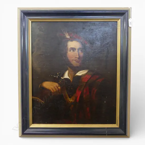 19thC ARTIST UNKNOWN, GENTLEMAN IN SCOTTISH COSTUME, OIL ON BOARD 445x365mm + EARLIER FRAME