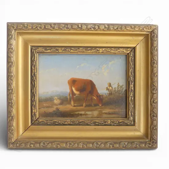 19thC DUTCH OIL ON PANEL, COW IN LANDSCAPE, (attributed to William Steelink) 100x135mm