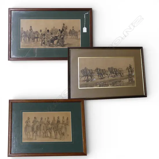 3 LATE 19th / EARLY 20thC MILITARY SKETCHES; SOLDIERS & HORSES, INK & WASH ON PAPER, 210x400mm