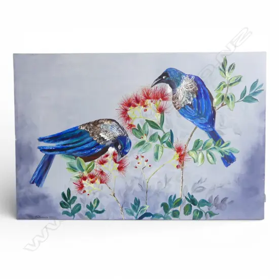 ANN BUCKMASTER, TUI & POHUTUKAWA, ACRYLIC ON CANVAS, 610x910mm