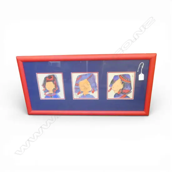 ARTIST UNKNOWN 3 WATERCOLOUR & INK ARTWORKS YOUNG WOMEN PORTRAITS Ea.140 x 130mm in same frame