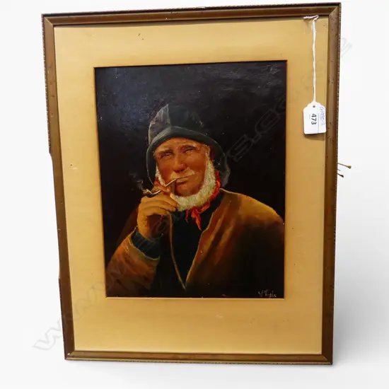 W TIGLE, SEAMAN SMOKING CLAY PIPE, OIL ON BOARD,  290 X 220MM