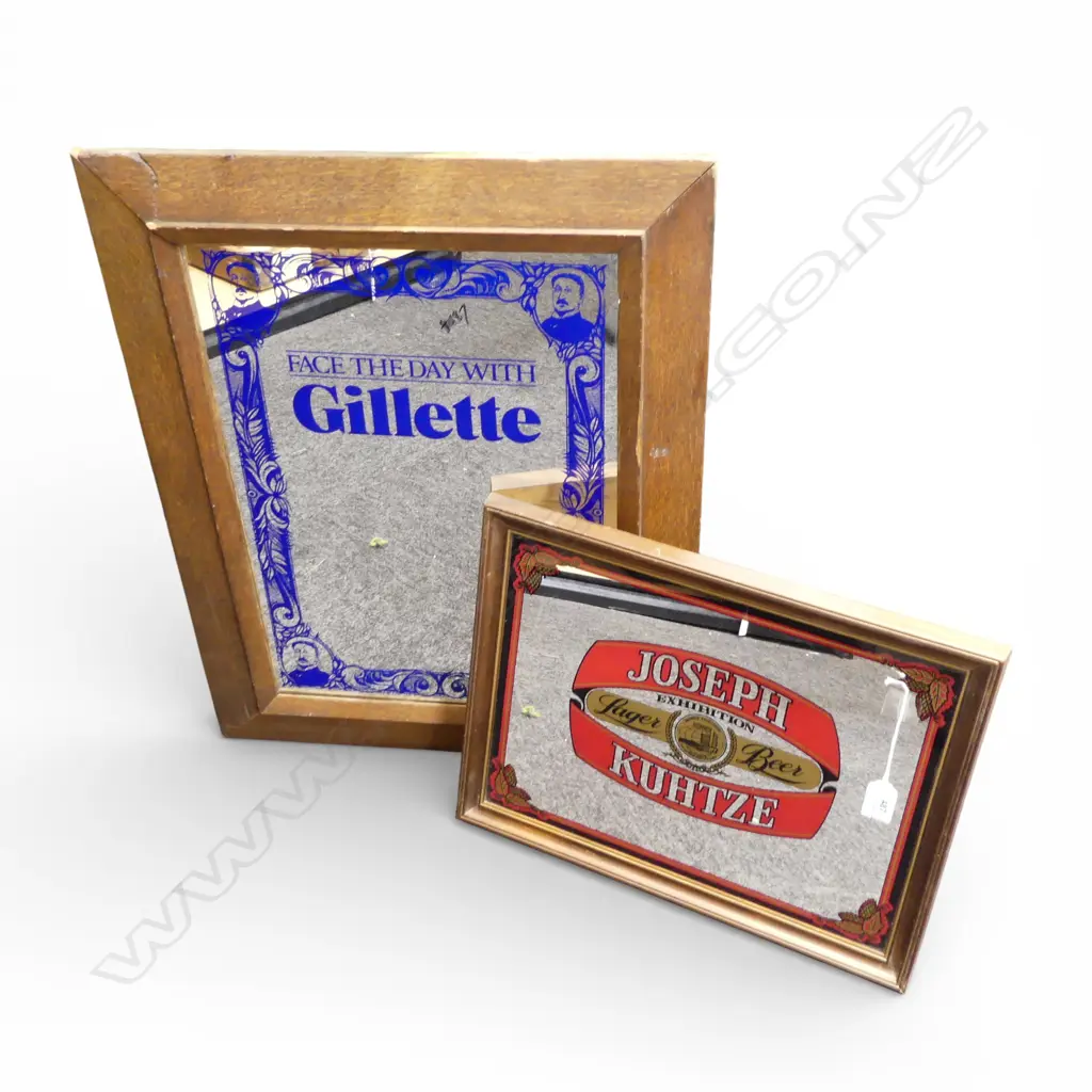 2 ADVERTISING MIRRORS; JOSEPH KUHTZE 340x440mm, GILLETTE 630x480mm Image 1++