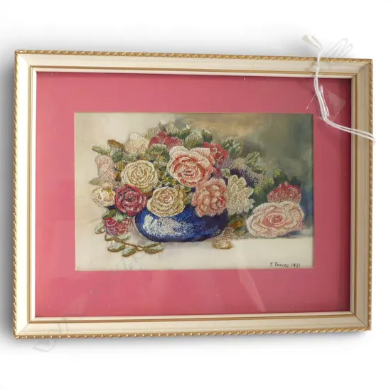 VINTAGE FINE SILK EMBROIDERED ROSES PICTURE signed F. Pearse 1931 9 x 135mm framed