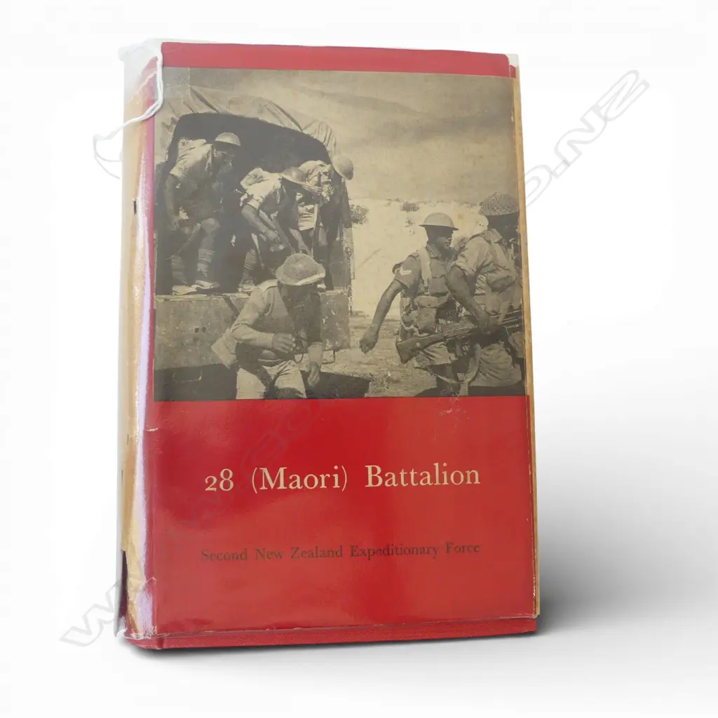 RARE COPY OF THE OFFICIAL HISTORY OF N.Z. IN WWII - 28 MAORI BATTALION 2nd Ed. 1957 dust cover worn, plastic sleeve Image 1++