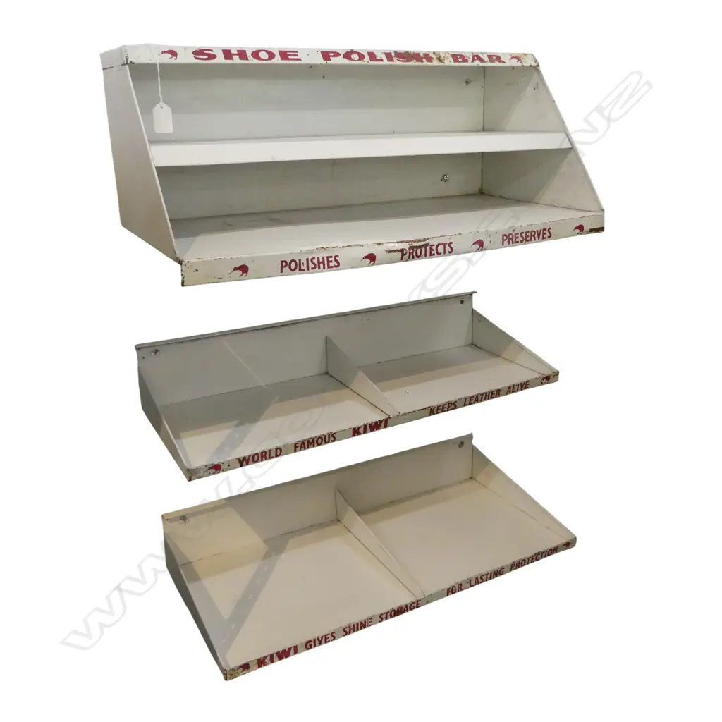 3 VINTAGE KIWI SHOE POLISH SHELVES largest 660x310x240mm Image 1++