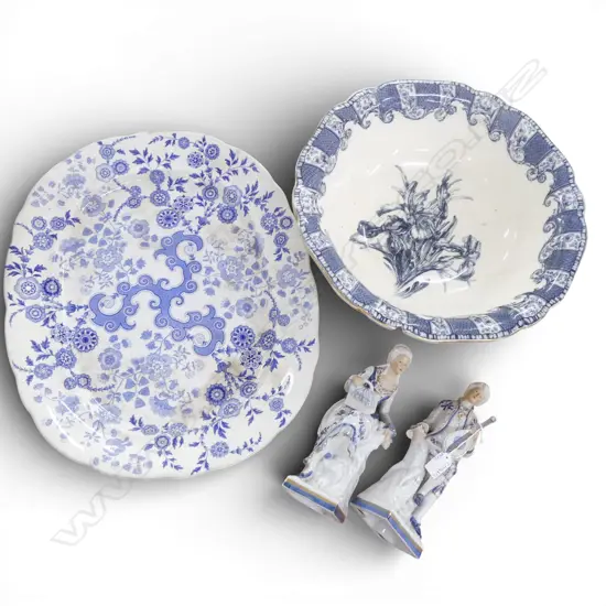 PR FIGURINES H.250mm, LG B/W R. DOULTON IRIS WASH BOWL AF, ASHET W.530mm FAULTS